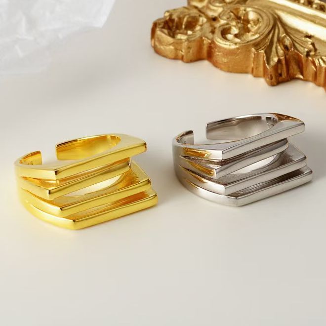 欧美镂空简约多层戒指女款气质光面几何型不规则指环冷淡风手饰品