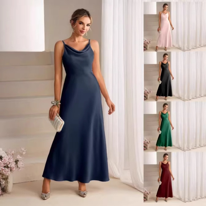 Cross-Border Independent Brand Elegant Solid Color Spaghetti Strap Bridesmaid Long Dress, Slim Fit, European and American Style Formal Evening Gown Cross-Border Independent Brand Elegant Solid Color Spaghetti Strap Bridesmaid Long Dress, Slim Fit, European and American Style Formal Evening Gown