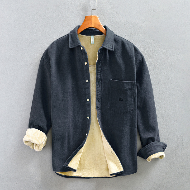 Z813 hombres forrado de lana estilo japonés ropa de trabajo espesado suelta fuera de la camisa del hombro de una sola pieza