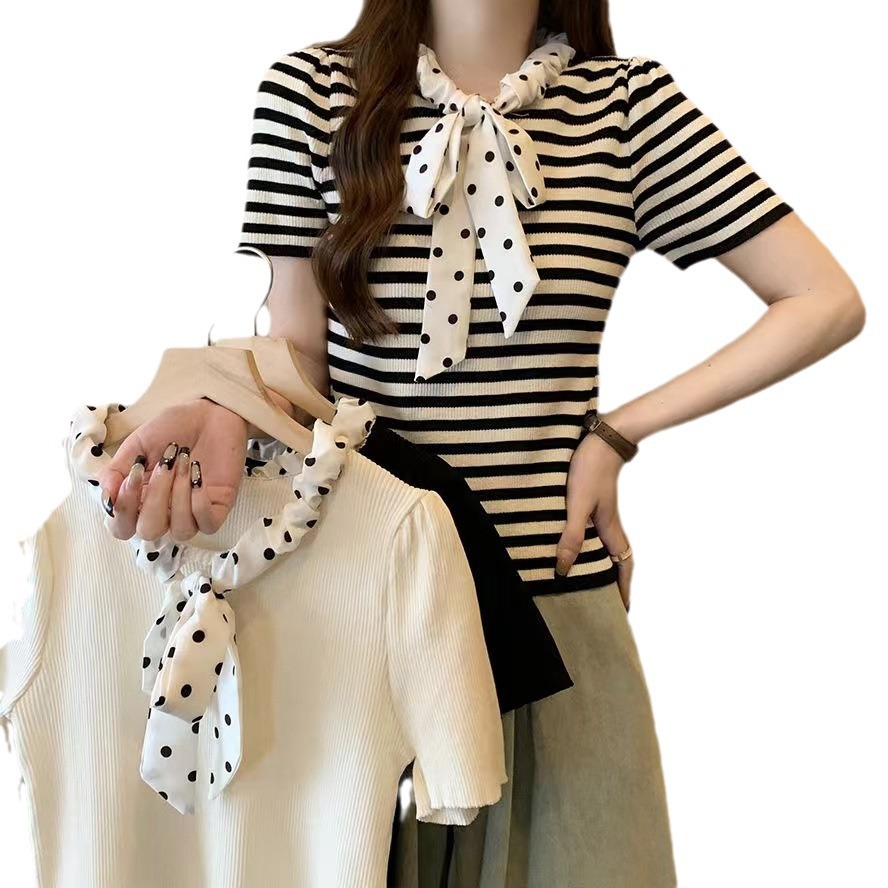 2024 neuer Sommer süßer Polka Dot-Pullover mit Kordelzug, kurzärmeliges Eisseide-Bauchbedeckung, kleines duftendes Streifenoberteil für_voghion.com