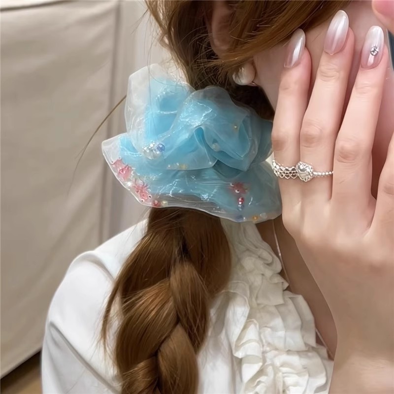 Pez dorado azul de satén de varias capas hecho a mano, anillo para el cabello de intestino grueso, verano femenino, nueva cuerda para la cabeza grande, accesorios para el cabello