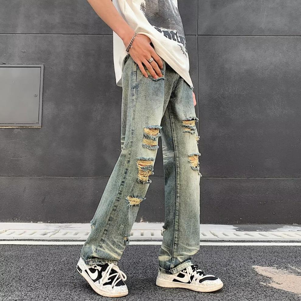 boy Ripped Jeans For Men, Trendy Brand, European And American Street Style Pants, Vintage High Street, Distressed Washed_viptrois.com