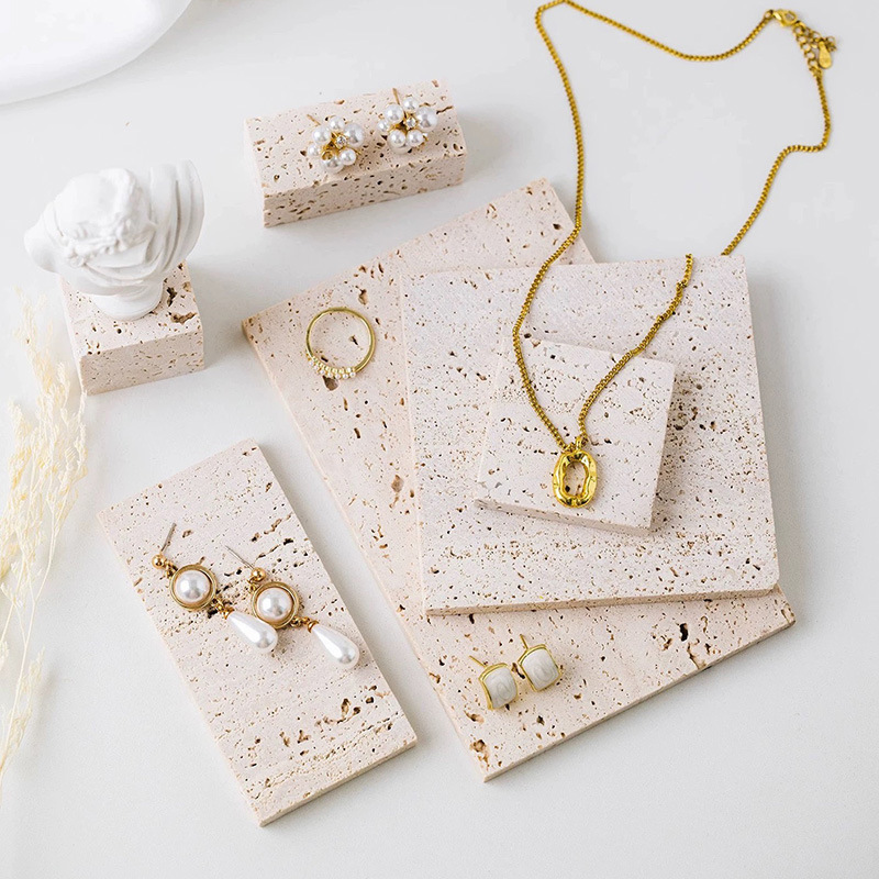 Japanese Wabi-Sabi Style Natural White and Yellow Travertine Storage Vintage Marble Display Tray Travertine Jewelry Display Props Japanese Wabi-Sabi Style Natural White and Yellow Travertine Storage Vintage Marble Display Tray Travertine Jewelry Display Props