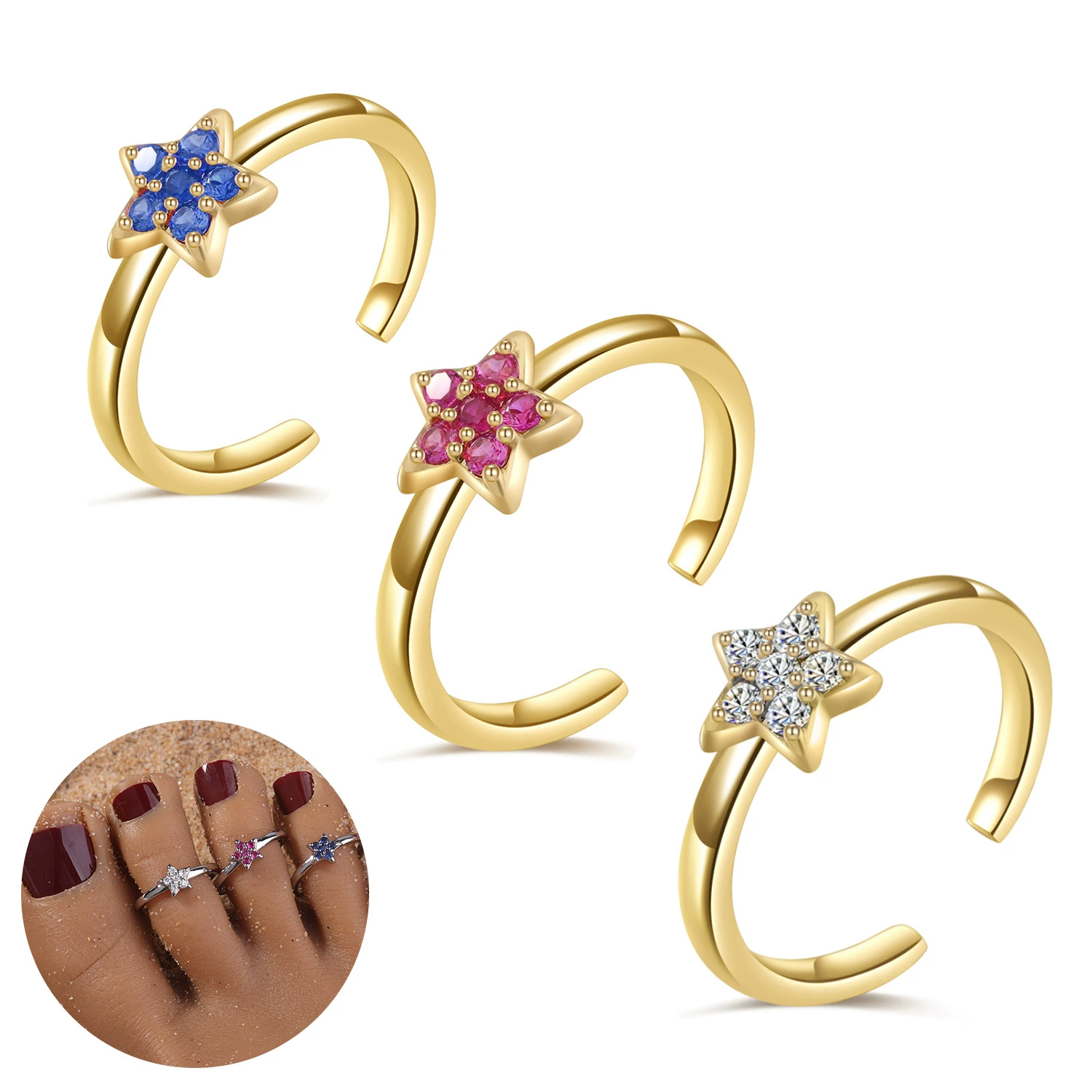 Пятиконечная звезда с медным покрытием 18-каратного золотого циркона ножное кольцо розовый синий белый женский летний пляж ювелирные изделия отверстие хвост кольцо Y2K