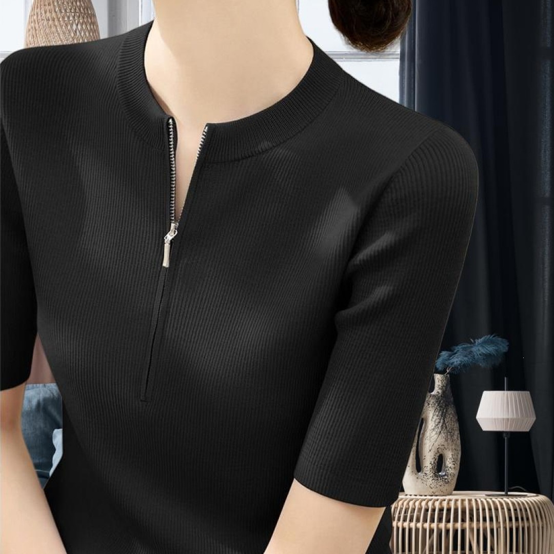 New summer chic and sophisticated knitted sweater for women, unique design with a half-zip pullover top.