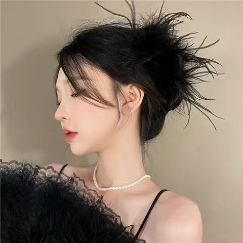 スーパーフェアリーフェザーヘアクリップ後頭部用大型ダチョウの羽ヘアクリップブラック2025新しいハイエンドサメクリップ女性用|undefined
