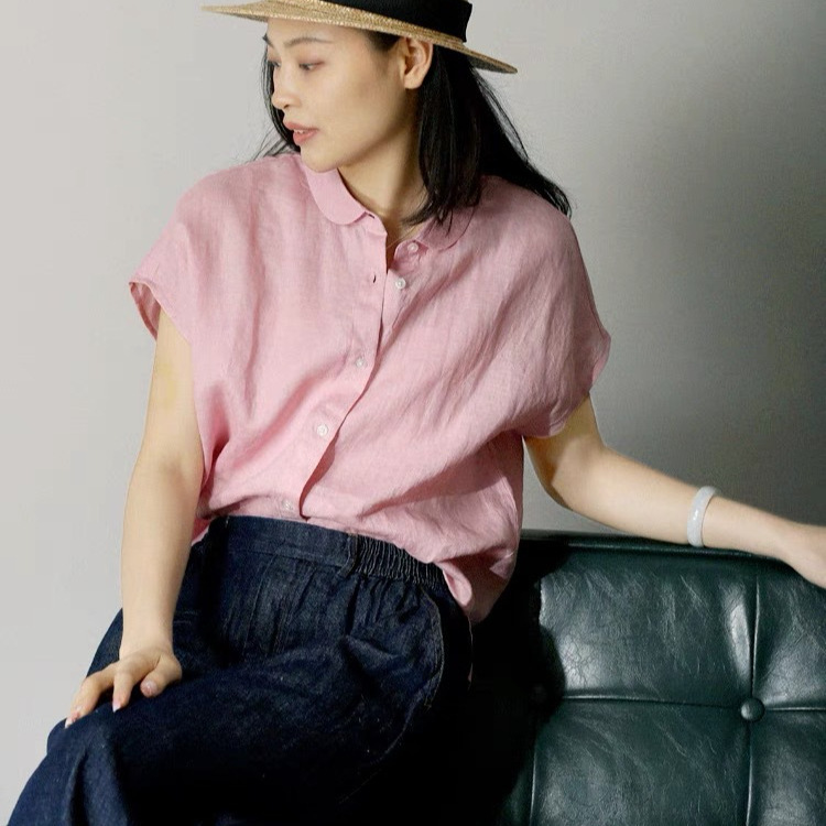 Age-Reducing All-Match Yuanbao Small Lapel Short-Sleeved Linen Shirt Women's New Rain and Lew Linen Loose Casual Top for Summer