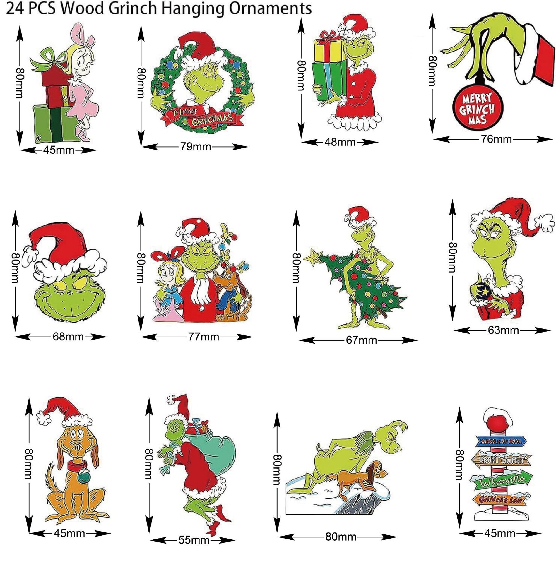 24 piezas de Navidad Grinch colgante de madera Navidad Grinch decoración del árbol de Navidad decoración de la fiesta de Navidad