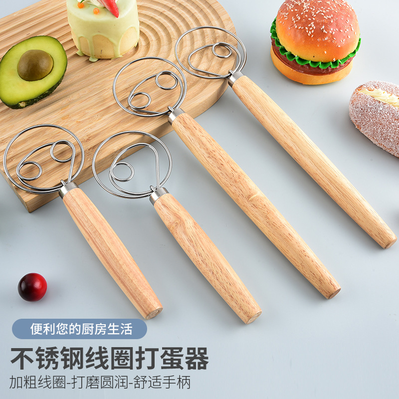 Wholesale Stainless Steel Coil Mixer, Household Manual Egg Beater, Oak Handle Dough Mixer, Baking Tools