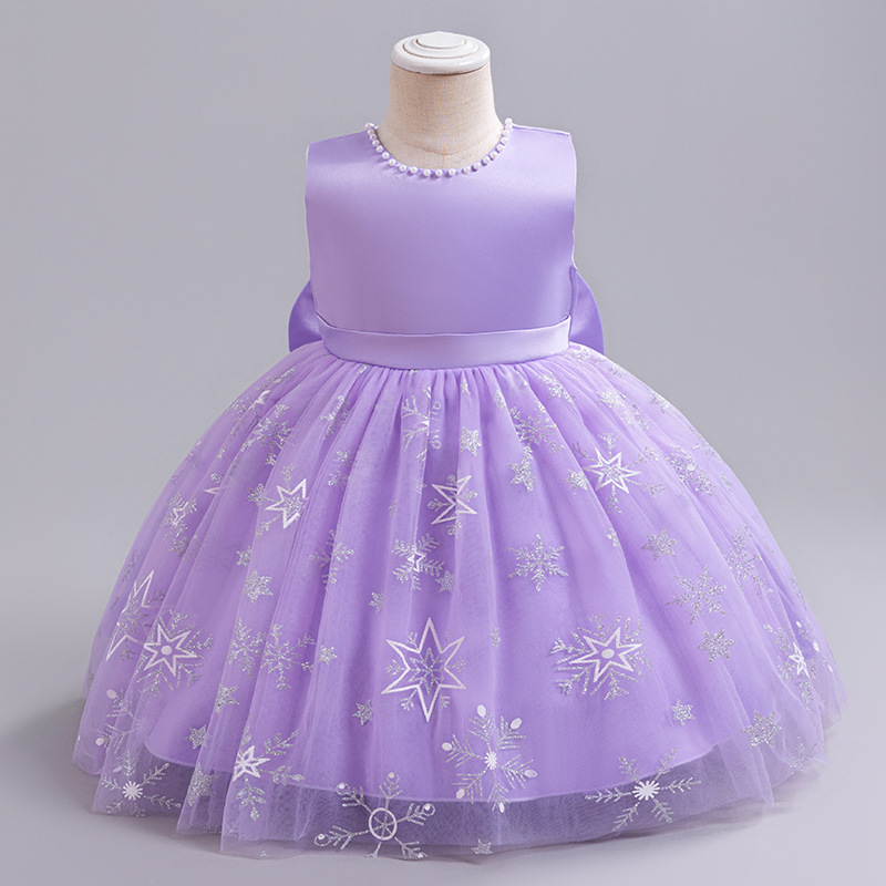 冰雪網紗公主裙領口珍珠周歲生日裙子小花童蝴蝶結女童蓬蓬裙禮服