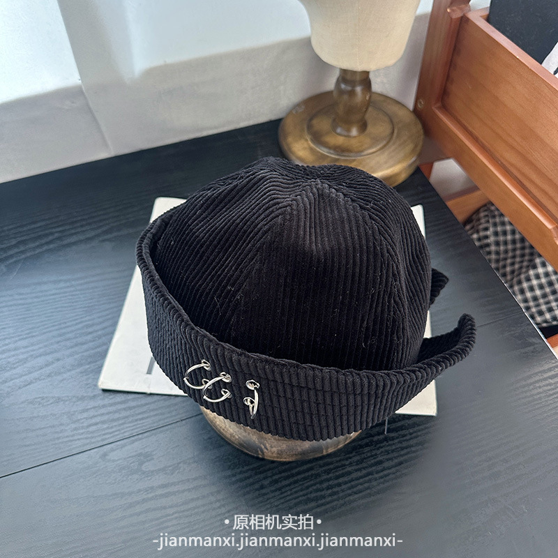 金属小圈装饰可两戴翻檐圆顶后开叉黑色灯芯绒Y2K辣妹盆帽渔夫帽|undefined