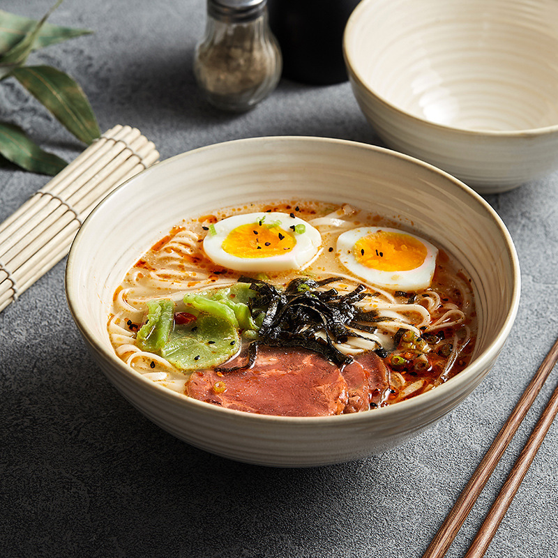 Light Luxury Ribbed Deep Noodle Bowls Wholesale for Home and Hotel Use, Rice Bowls with a High-End Feel and Beautiful Appearance, Ceramic Bowls for Noodle Shops and Commercial Use