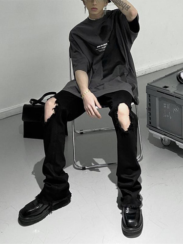 Black Knee-Hole Denim Jeans for Men - Summer Thin Cleanfit Pants with Frayed American Bent-Knife Tapered Pants