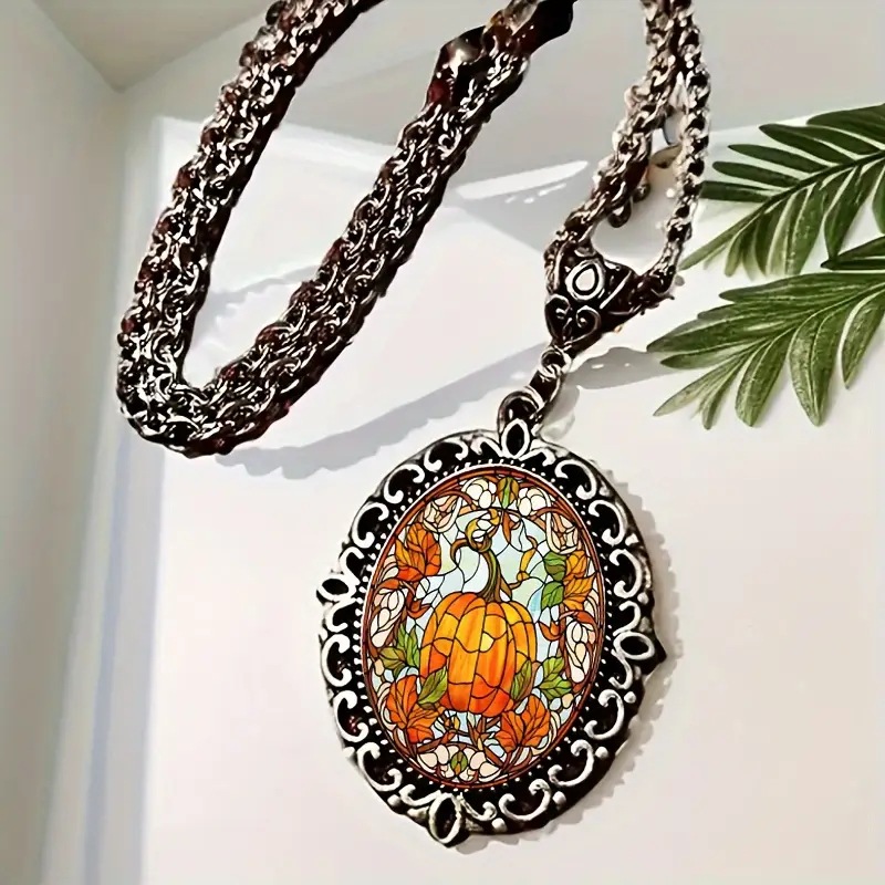 Elegant glass pendant, necklace, retro jewelry, print, halloween