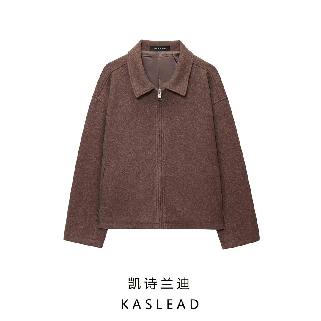 Летняя модная кофейная куртка с молнией, Woolen coat, европейский стиль