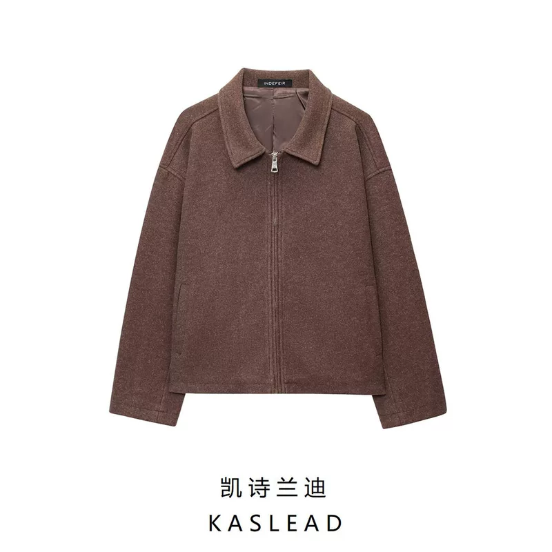 Летняя модная кофейная куртка с молнией, Woolen coat, европейский стиль