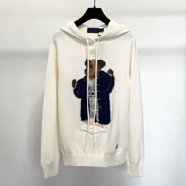 2025 Autumn and Winter Polo Bear Pure Cotton Hooded Knitted Long-Sleeved Loose British Style Age-Reducing Embroidered Bear Cartoon Sweater