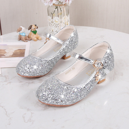 Children's High Heels, Girls' Fashion Student Silver Sparkle Performance Shoes, Female Baby Etiquette Flower Shoes