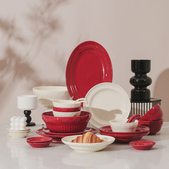 Festive Tableware Gift Box Set of Bowls, Plates, and Dishes - Household Ceramic Rice Bowl, Soup Bowl, Red Plates, Plate Set, Complete Tableware Set
