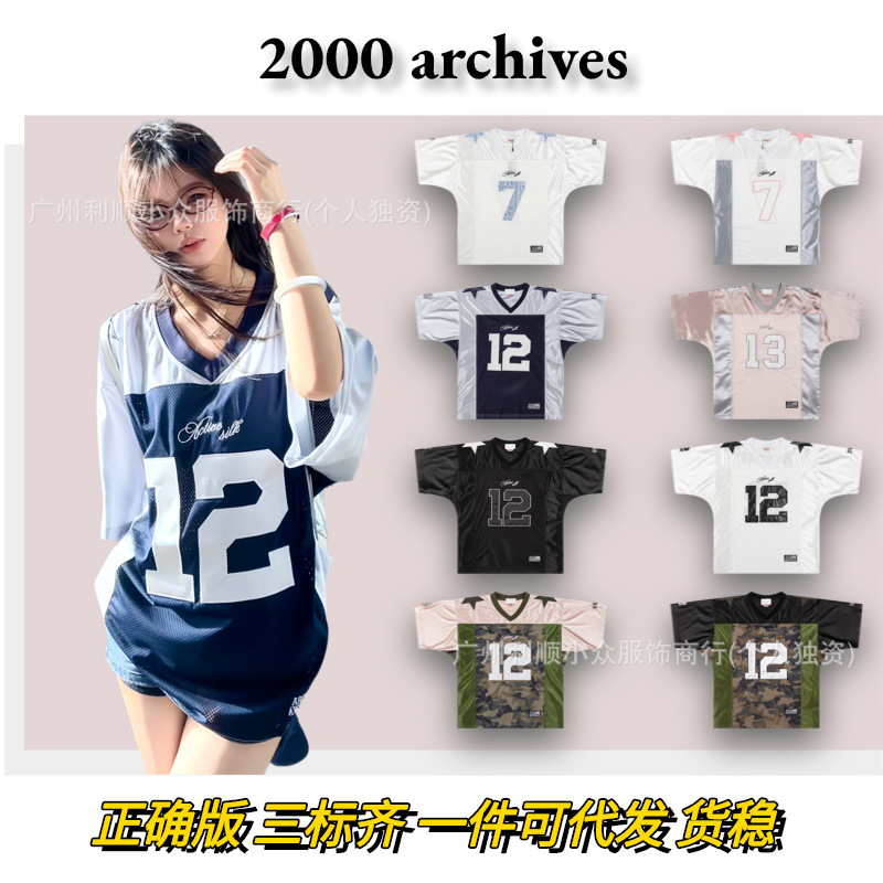 in stock South Korea 2000archives jersey short sleeve women's American style retro embroidered patch mesh loose T-shirt summer