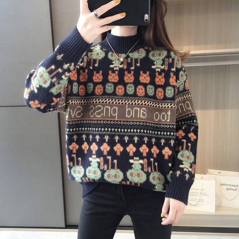 【 Cashmere Family】 Maglione da donna in maglia spessa con cappuccio, collo alto e corto, base in lana larga_voghion.com