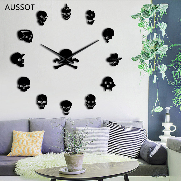 Super Size Creative DIY Skull Wall Clock Living Room Home Personality Clock Modern Mirror Wall Sticker Clock