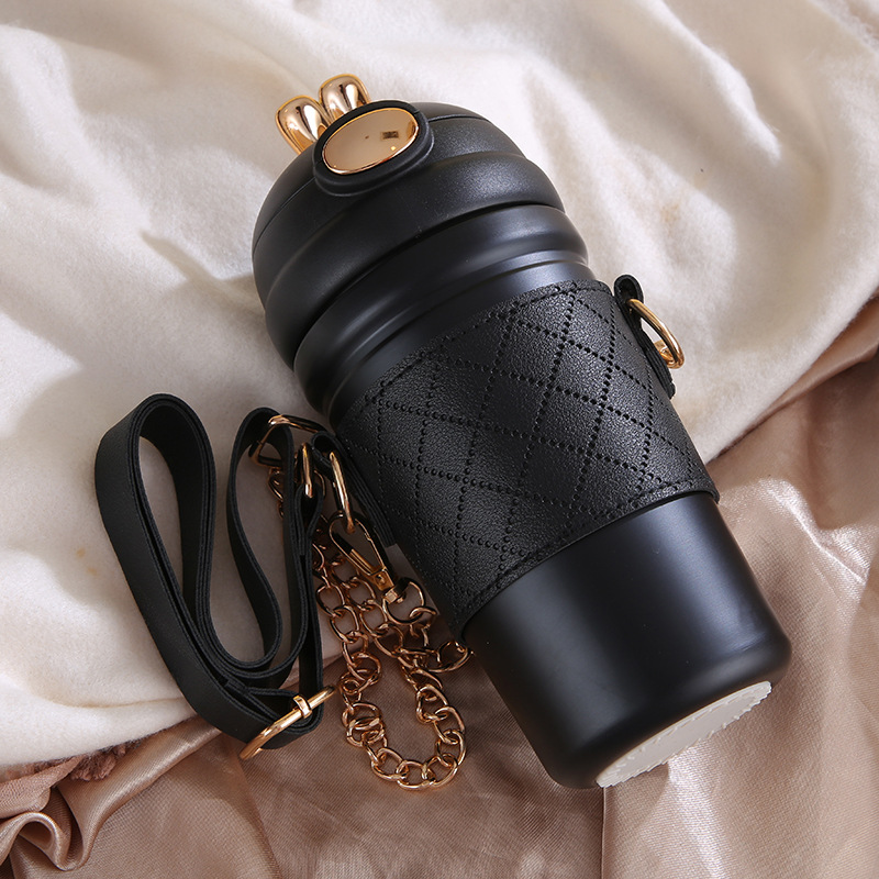 Moda lindo conejo rebote paja taza 304 Acero inoxidable taza de vacío de las mujeres portátil crossbody conejo taza de agua al por mayor