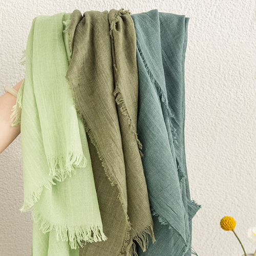 Cross-border cotton and linen scarf for women, spring and summer solid color, Japanese and Korean style, sun protection and warmth, simple and retro, tassel edge silk scarf
