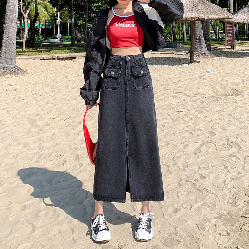 Black Denim Skirt Women's Spring and Autumn 2025 New High Waist Slim A- Line Mid-Length Split Hip Skirt