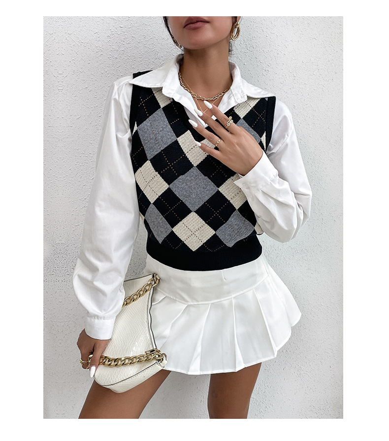 Diamond Lattice Sleeveless Knitted Sweater NSYYF86614