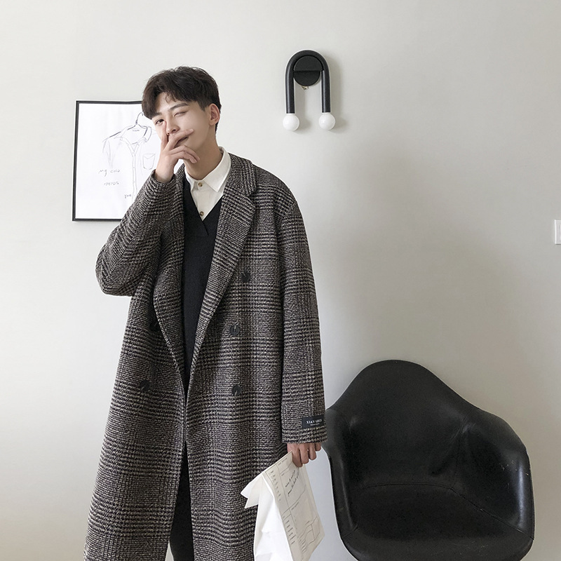 Houndstooth 코트 영국식 코트 남성용 중간 길이 가을 더블 브레스트 울 무릎 길이 러시아 민간 코트