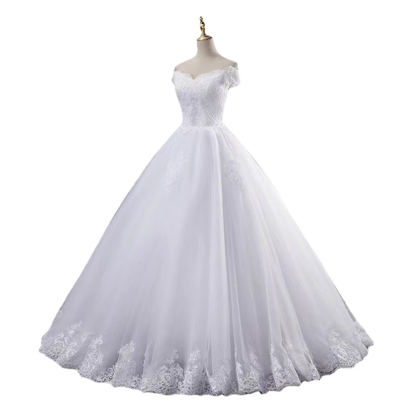 Estación Europea vestido de novia blanco Oriente Medio transfronterizo encaje apliques bola fuera del hombro vestido de novia Mediados de cintura vestido de novia con cordones