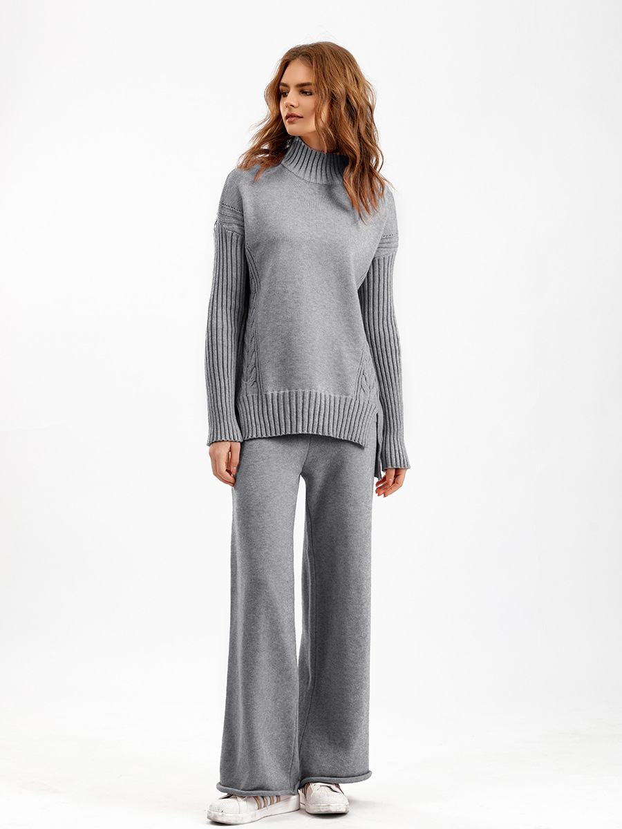 Station de vêtements pour femmes 2023 automne et hiver nouveau costume de chandail de style de mode drapé tricoté pantalon à jambes larges costume deux pièces mode féminine_voghion.com