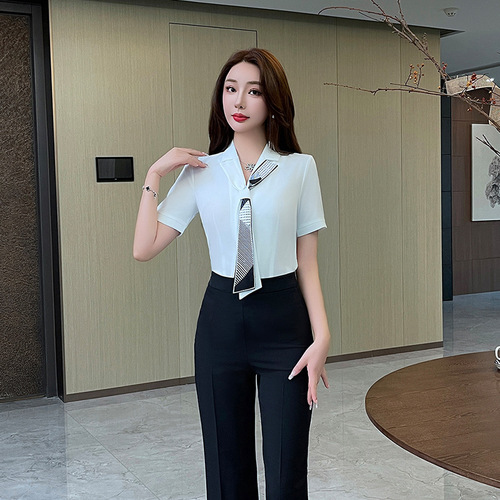 Summer College Style Fitted Slimming White Short Sleeve Foot Massage Therapist Work Uniform Shirt for Women + Pleated Skirt 102