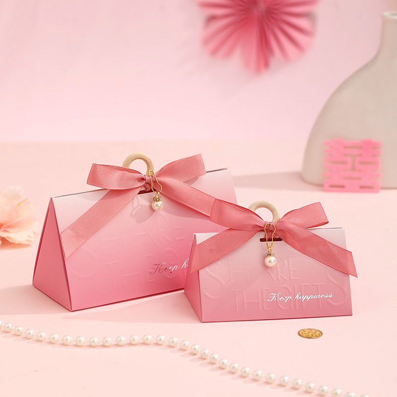 Gradient pink + pink ribbon + wooden ring + pearls