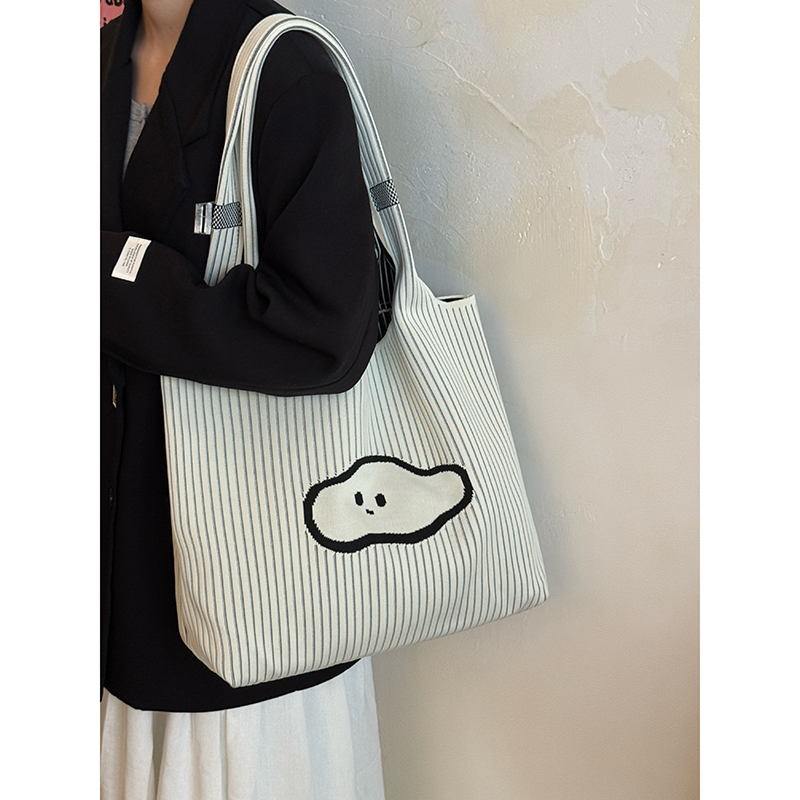 韩系条纹针织云朵包慵懒休闲编织大容量单肩包小众外出通勤托特包