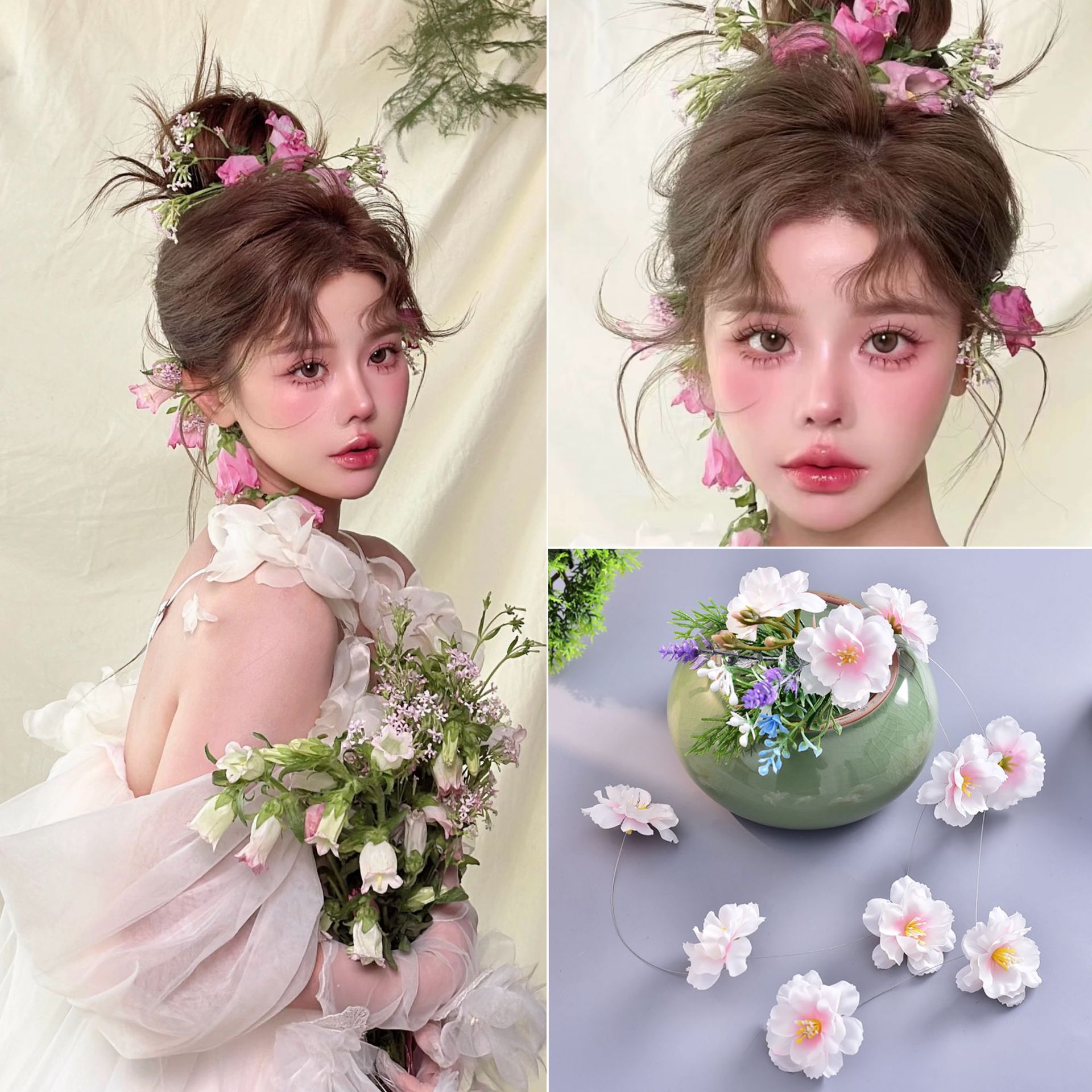 New Mori-Style Pink Peach Blossom Hairpin Necklace Set Bridal Styling Accessories Versatile Photo and Makeup Head Flower
