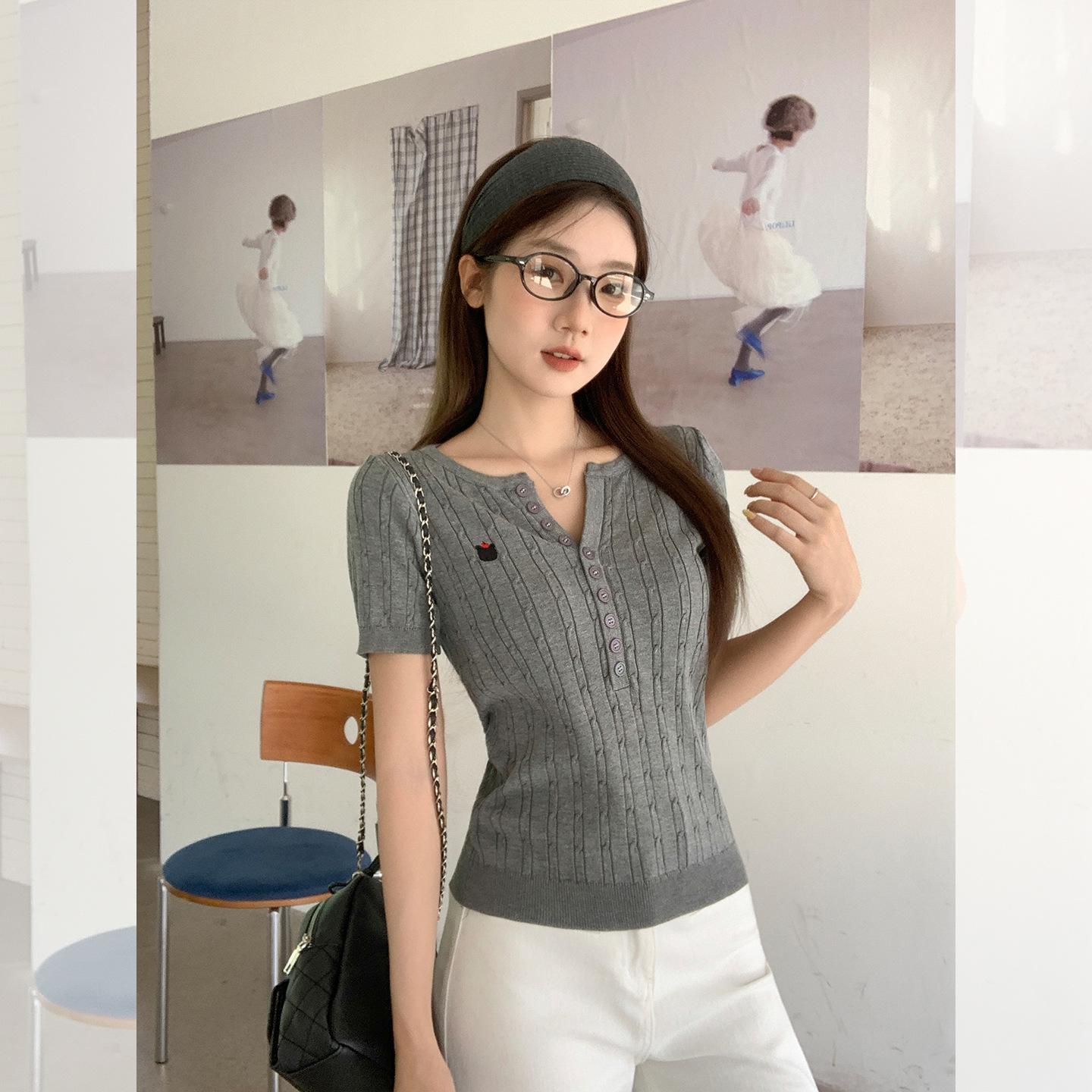 韩系花灰麻花正肩短袖t恤女夏季新款辣妹修身显瘦刺绣针织衫上衣