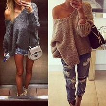 2025春季跨境速卖通V领露肩纯色毛衣女 欧美外贸女装货源针织衫