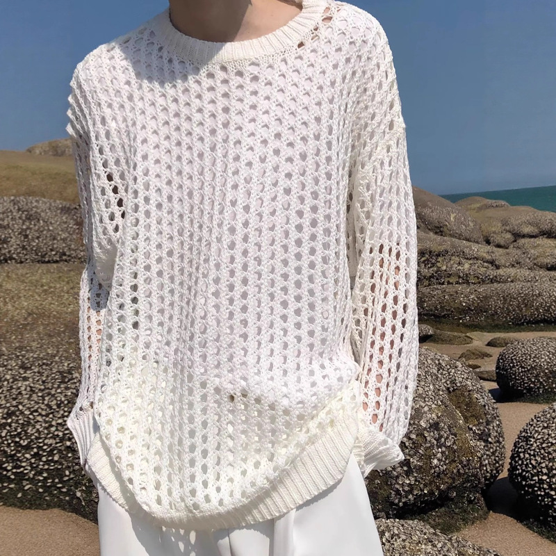 Spring and Autumn Trendy Brand Ripped Retro Hollow Sweater Men's Round Neck Pullover Solid Color Casual Easiest for Match Loose Knitted Sweater Top