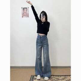 高腰蓝色不贴腿微喇牛仔裤女年春秋新款弹力小个子宽松阔腿裤百搭