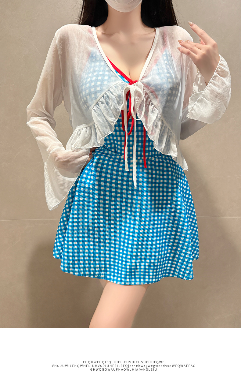 Plus Size Retro Plaid Long Sleeved Swim Set With Mesh Sun Protection_voghion.com