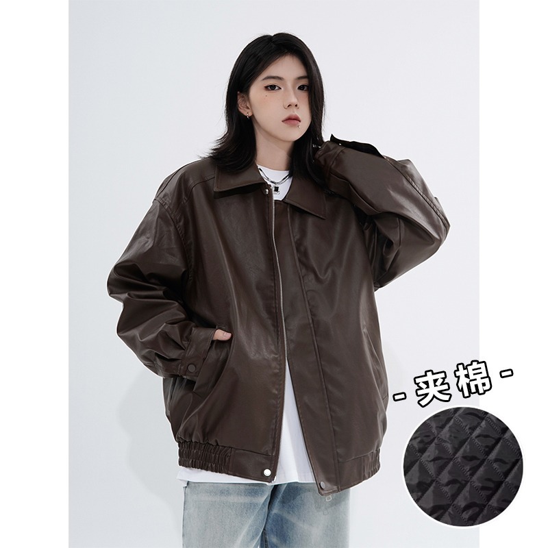 Korean Chic Autumn Retro Stylish Lapel Loose Versatile Pocket Long-Sleeve Biker Pu Leather Short Jacket for Women