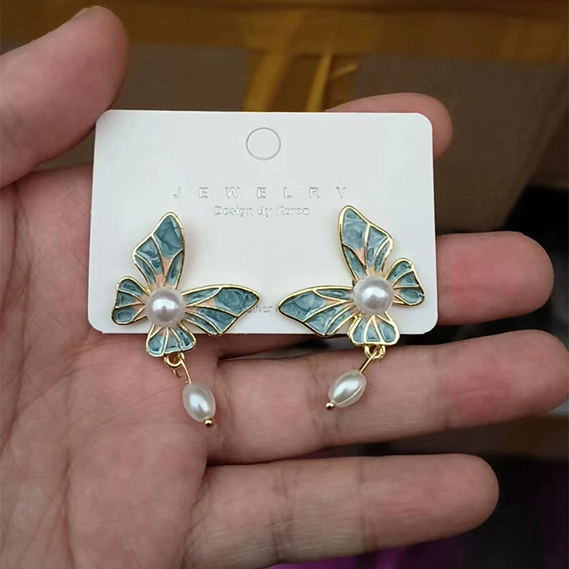 Серебряная игла, эмаль, корейские универсальные ретро-серьги с бабочкой из жемчуга, серебро 925 пробы, простой и элегантный дизайн