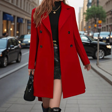 2024欧美跨境外贸新款纯色翻领加厚龙凤呢系带双排扣加长款女风衣