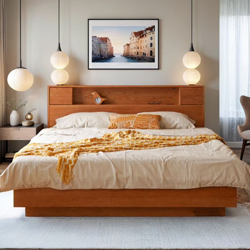 Japanese-Style Minimalist Solid Wood Frame Bed Cherry Wood Double Storage Bed Light Luxury Modern Minimalist Bedroom Furniture Japanese-Style Minimalist Solid Wood Frame Bed Cherry Wood Double Storage Bed Light Luxury Modern Minimalist Bedroom Furniture