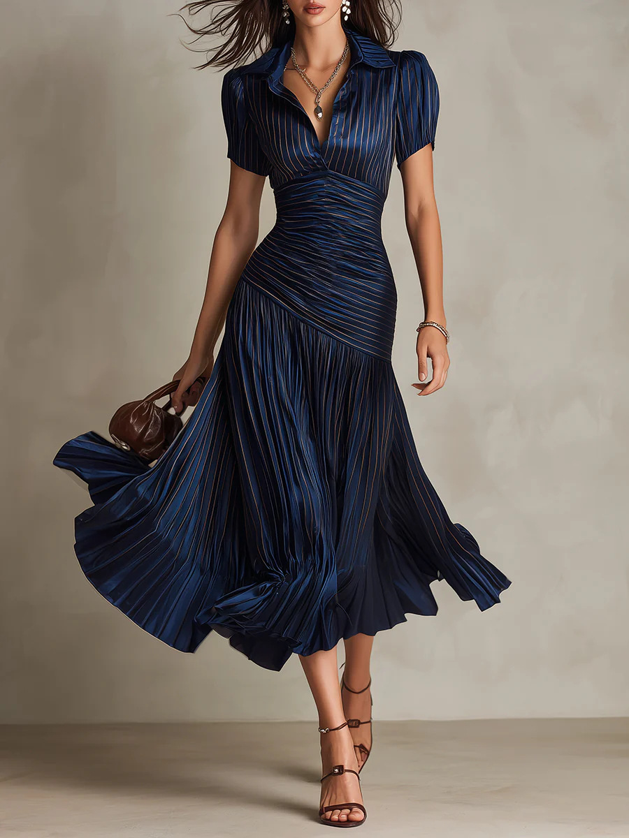 Elegantes Gestreiftes Satin Patchwork Kleid Für Den Urlaub_voghion.com