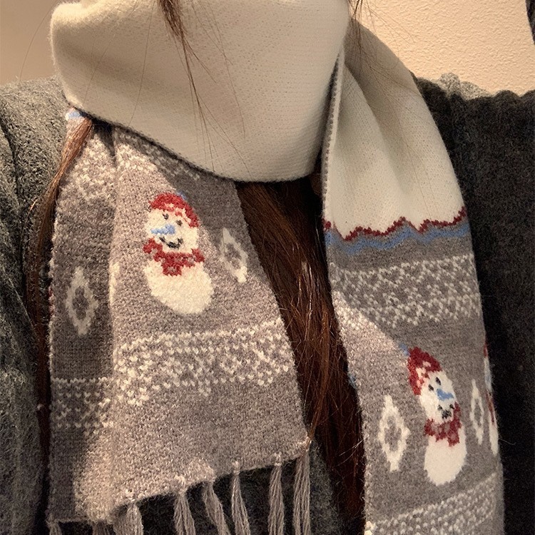 可爱雪人灰色针织围巾女冬季圣诞韩系氛围感保暖百搭学生护颈围脖|undefined