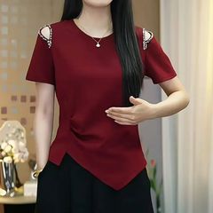 纯棉大码欧货钉珠露肩短袖t恤女2025夏季新款宽松显瘦时尚上衣女
