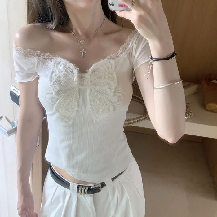 White Lace One-Shoulder Top for Women 2025 Summer Korean Style High-End Pure Lust Sexy Bow Square Collar Slim Fit